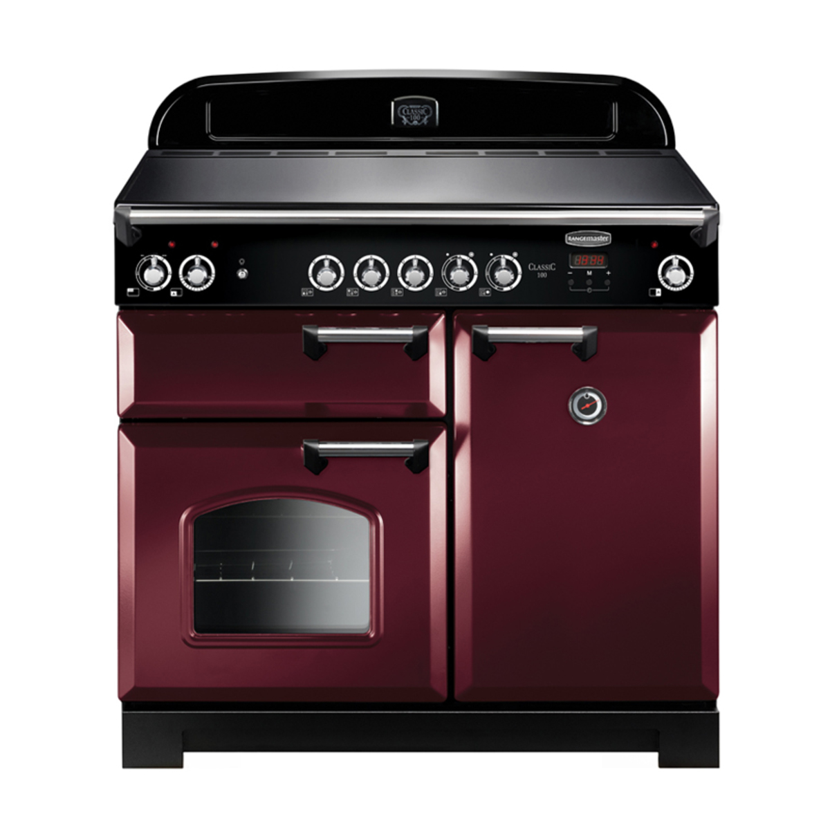 Classic 100cm ceramic cooker in cranberry with chrome trim, featuring five control knobs, a digital display, and two oven doors with a window.