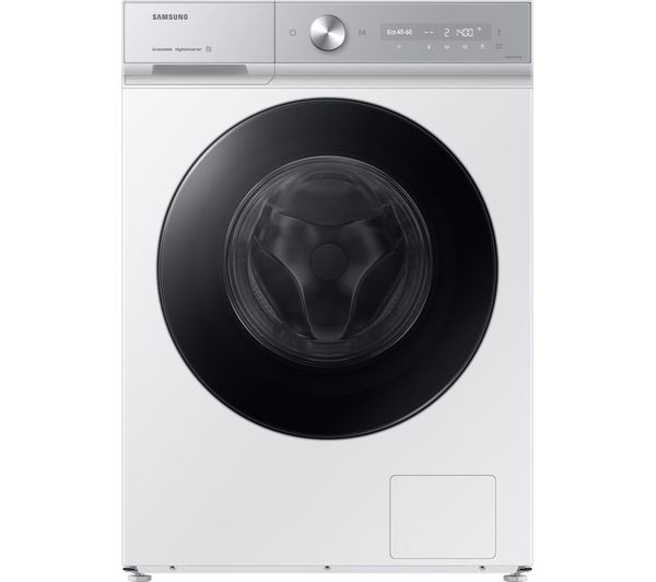 Samsung Bespoke AI Front-Load Washing Machine in white, featuring a large black glass door, control panel with a silver knob, and an 11 kg capacity for efficient laundry.
