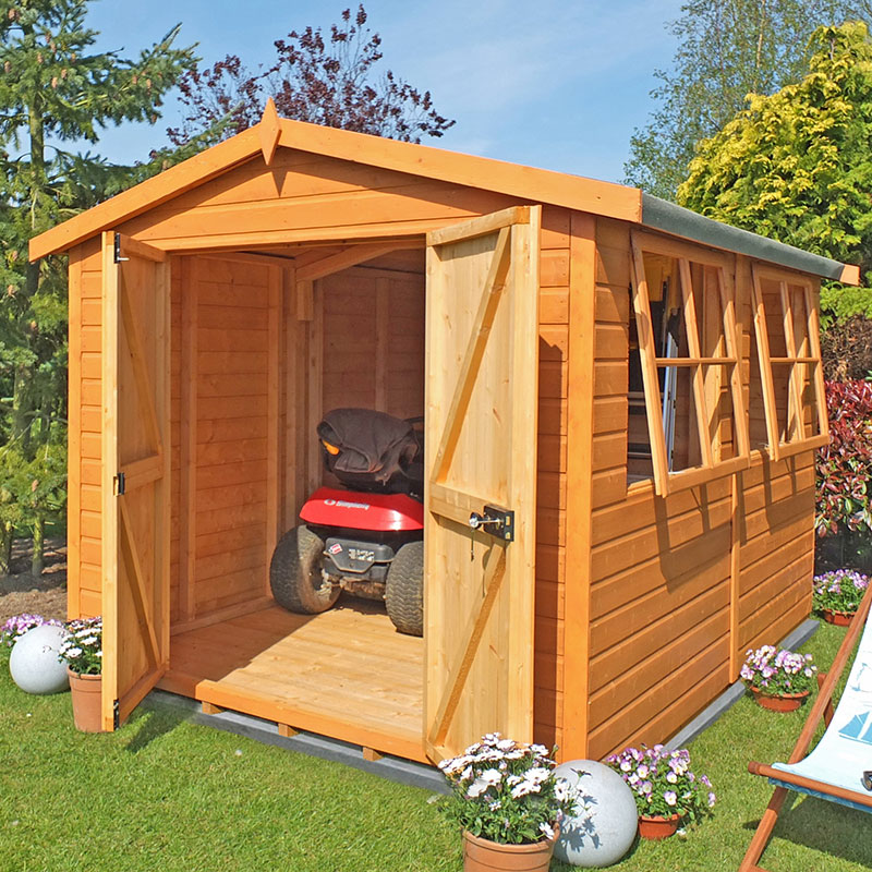 Heavy-duty wooden workshop with double doors, featuring a natural wood finish, large windows, and a spacious interior, ideal for storage or gardening tools.