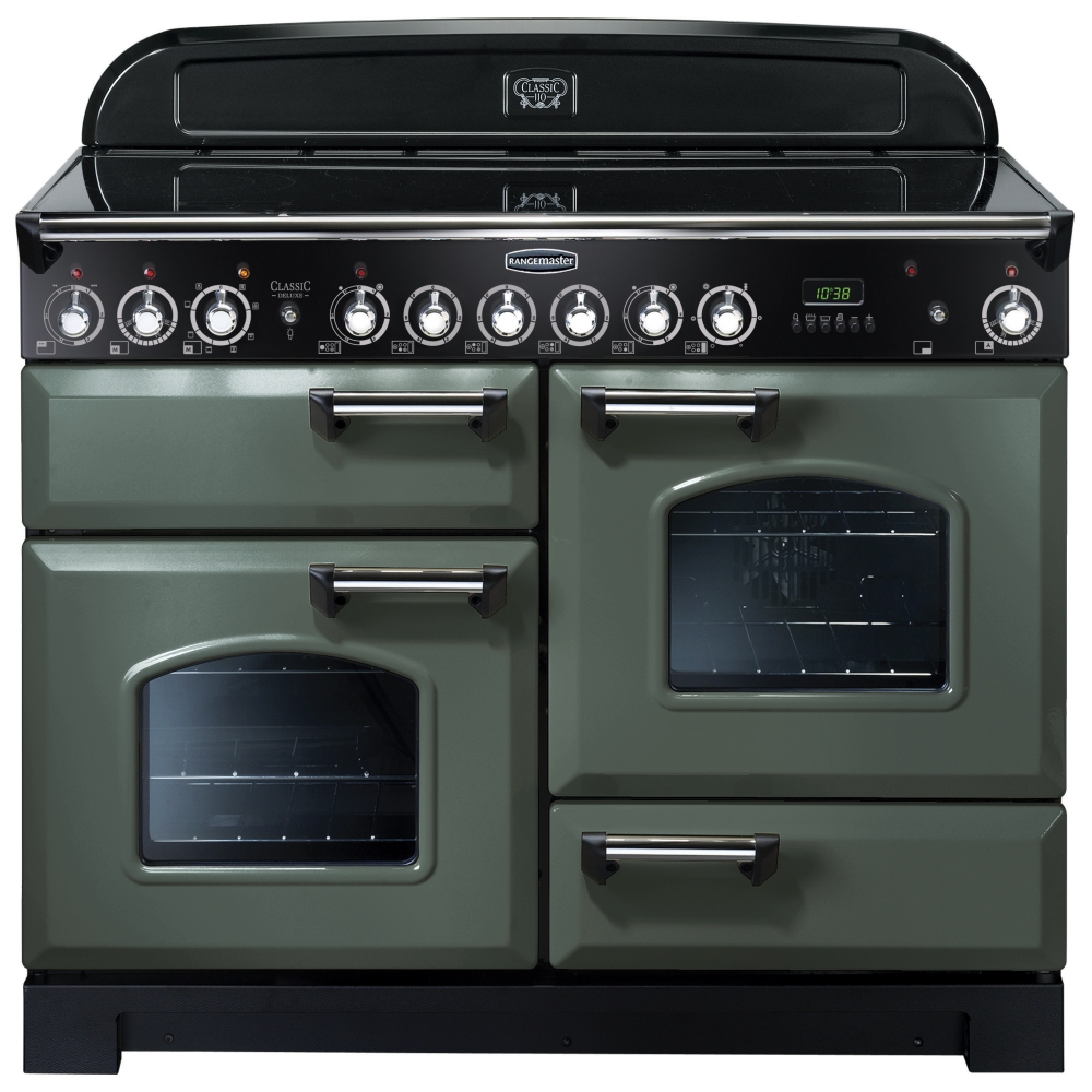Classic Deluxe 110cm ceramic range cooker in mineral green with chrome trim, featuring two ovens, a five-burner hob, and retro-style control knobs.