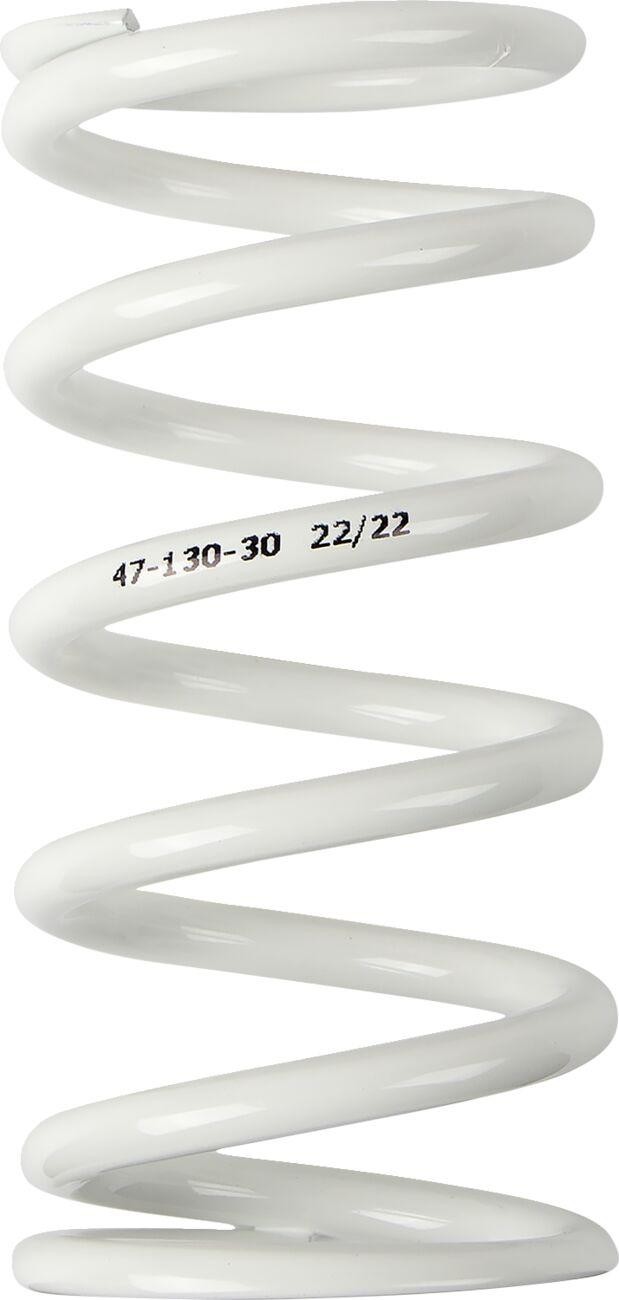 White shock spring with a spiral design, marked with "47-130-30 22/22," designed for Husqvarna EE 5 models from 2020 to 2024, featuring a stiffness of 30 N/mm.