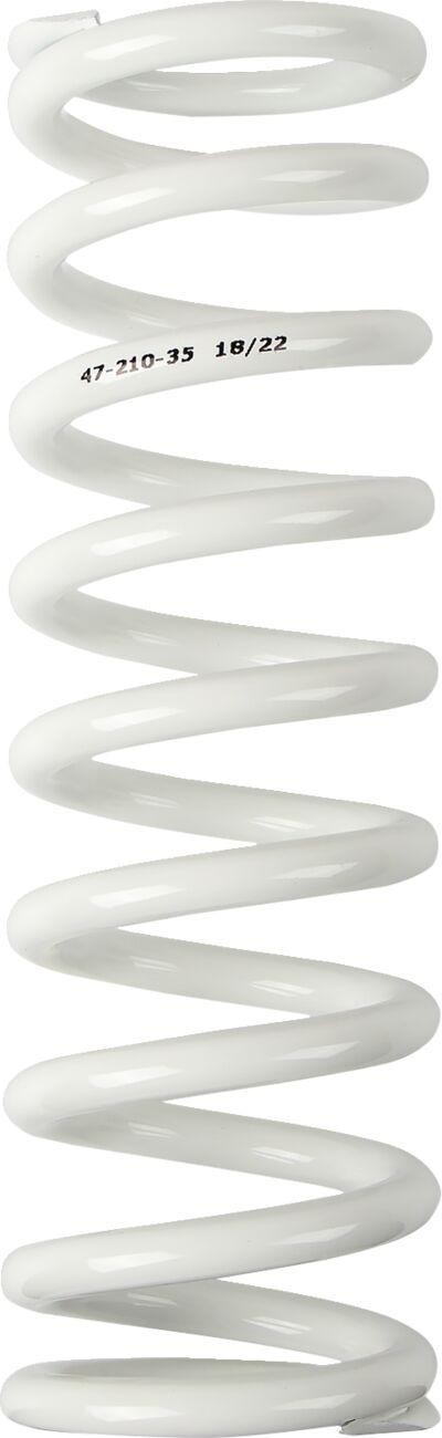 White shock spring with a spiral design, labeled "47-210-35 18/22," designed for Gas Gas MC65 models from 2021 to 2023, with a stiffness rating of 35 N/mm.
