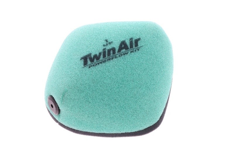 Green foam air filter with a black base and a small hole, featuring the "Twin Air" logo prominently displayed on the top, designed for use with Powerflow kits.