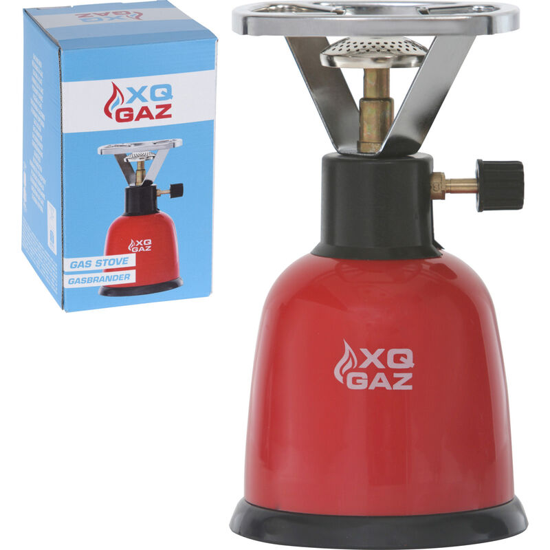 Compact red gas camping stove with a metal burner and adjustable control knob, accompanied by a blue box featuring the XQGAZ logo and product details.