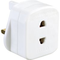 White Luceco 1A shaver adaptor with UK plug, dual flat pin slots, and embossed text on the surface.