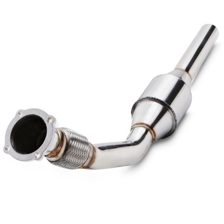 Polished stainless steel downpipe with a 2.5-inch diameter, featuring a flexible section and a flanged end, designed for Volkswagen Golf MK4 GTI and similar models.