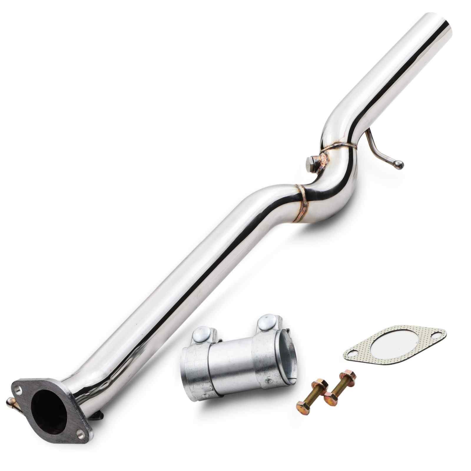 Shiny stainless steel 2.5" exhaust decat pipe for Ford Fiesta MK6 ST ST150 (2004-2008) with a curved design, including two bolts and a gasket for installation.