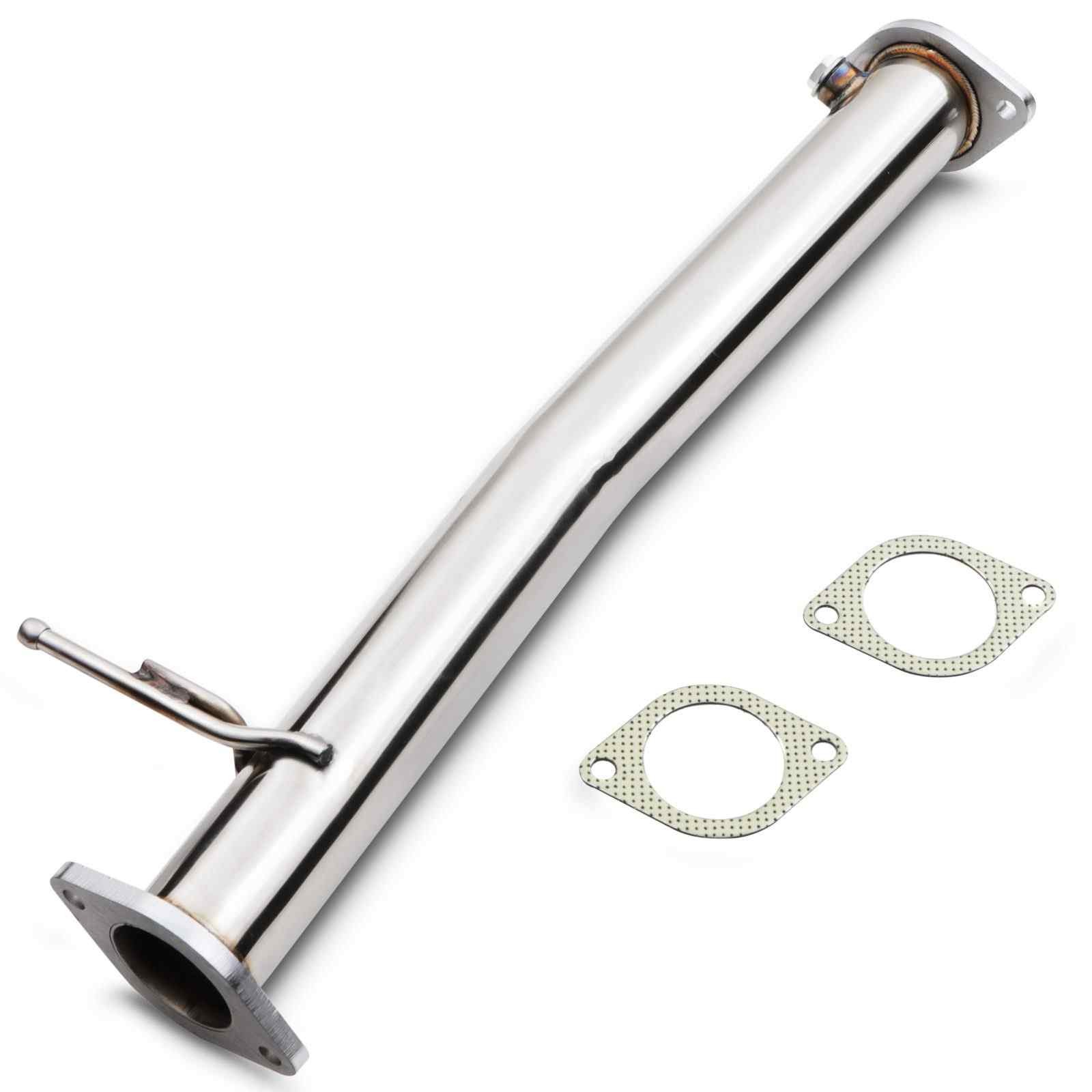 Polished stainless steel 2.5" exhaust decat pipe for Ford Focus MK2 ST ST225 (2005-2011), featuring a smooth, curved design and two included gaskets.
