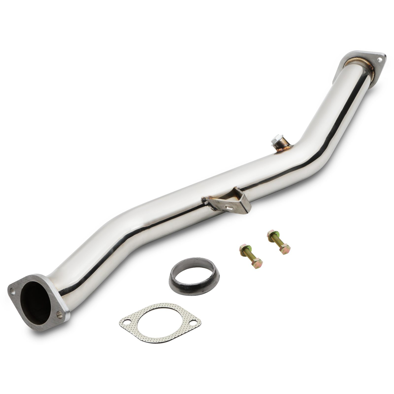 Shiny stainless steel 2.5" exhaust decat pipe for Subaru Impreza WRX STI (08-12), featuring a curved design, flange connections, and included gaskets and bolts.