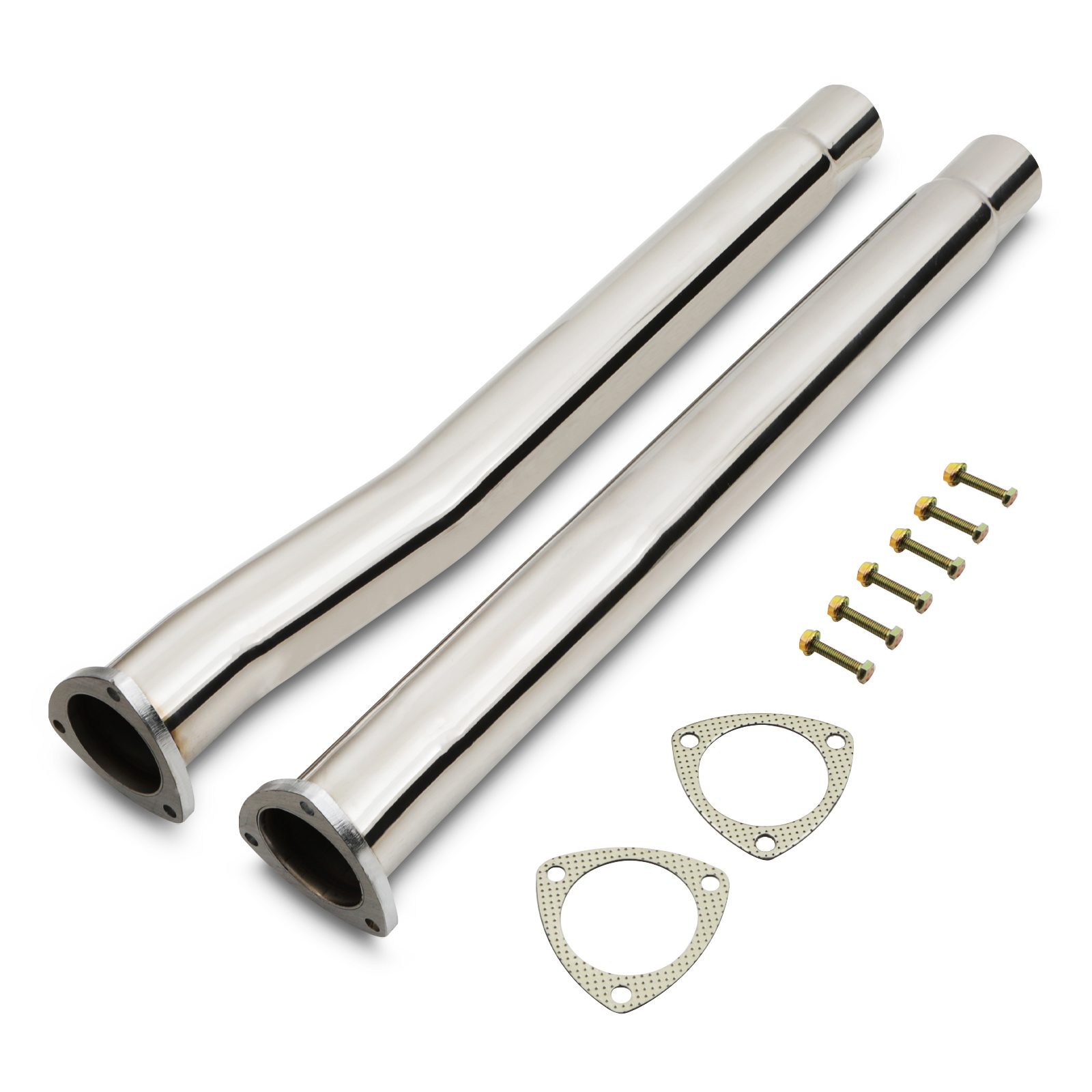 Polished stainless steel 2.5" exhaust decat pipes for Audi RS3 8V 2.5 TFSI (2015-2017) with two pipes, gaskets, and bolts included.