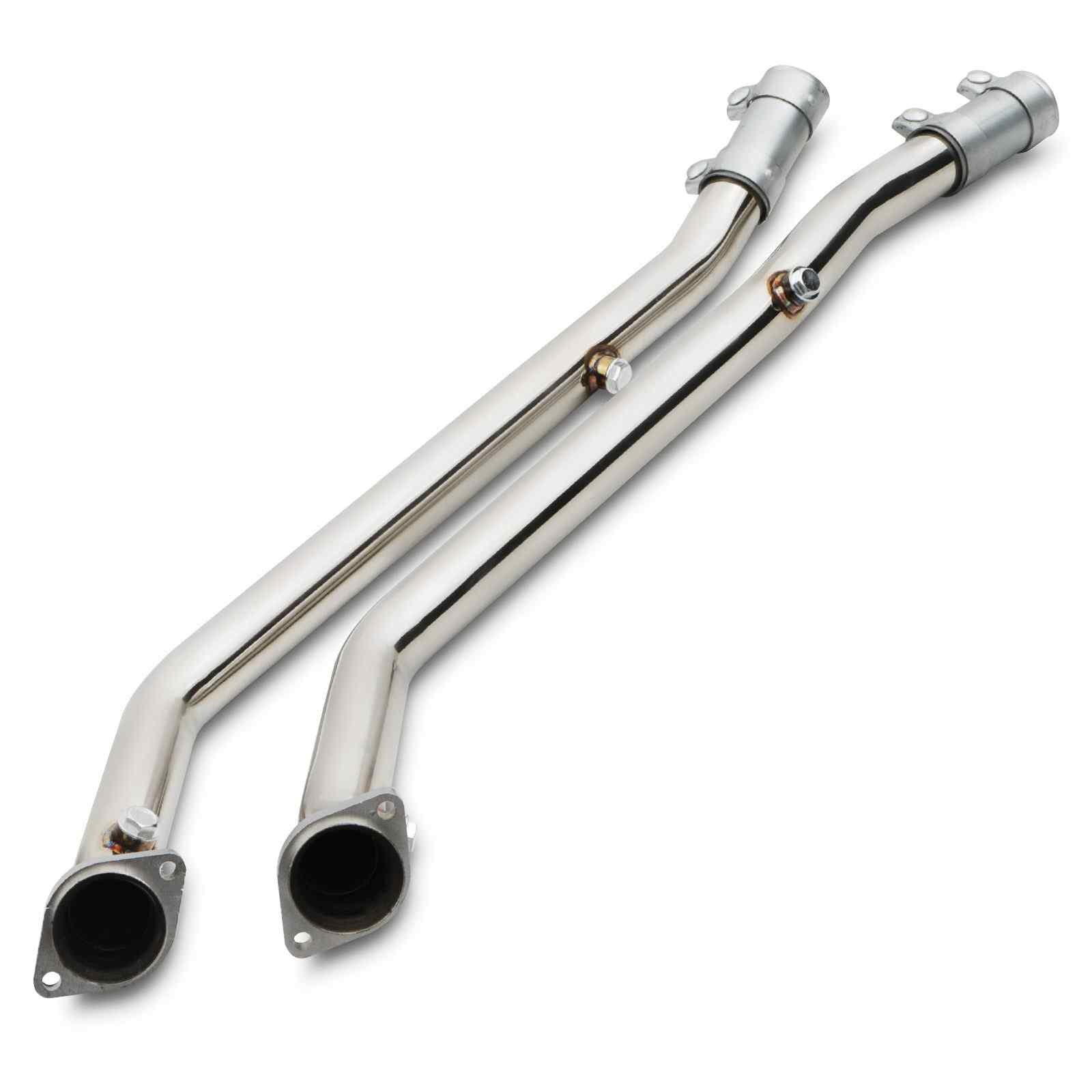 Polished stainless steel decat pipes with two curved sections, featuring flared ends and silver metal clamps, designed for Range Rover Vogue 4.4 V8 Petrol L322 models from 2002 to 2006.