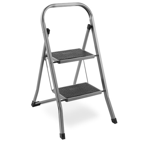 Two-step steel ladder in a sleek silver finish with textured black steps for grip, featuring a lightweight design and rubberized feet for stability.