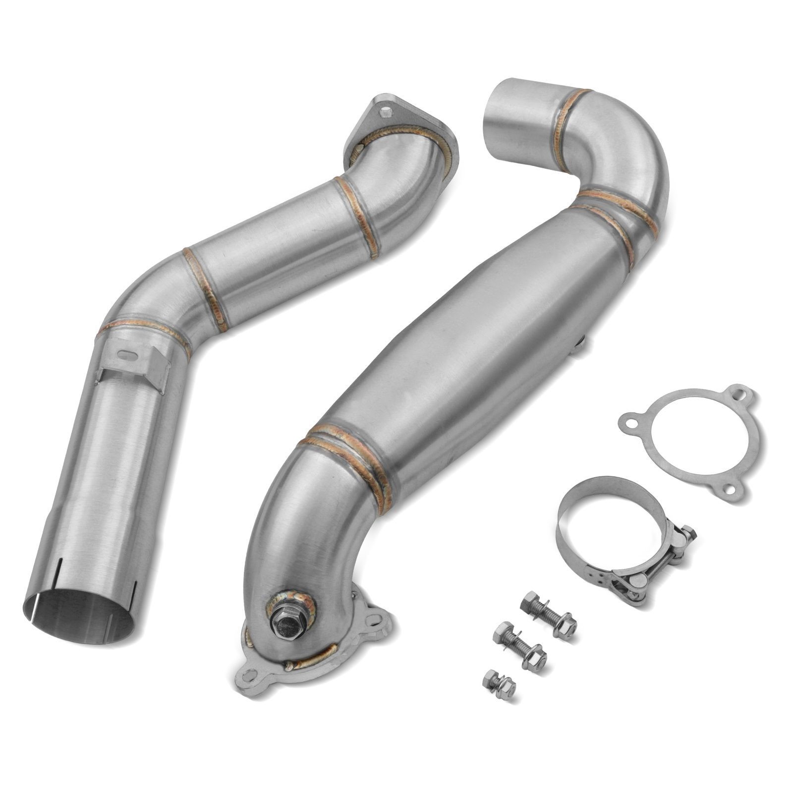 Stainless steel exhaust sports cat pipe for Mercedes Benz A35 AMG W177, featuring smooth curves, welded joints, and included mounting hardware.