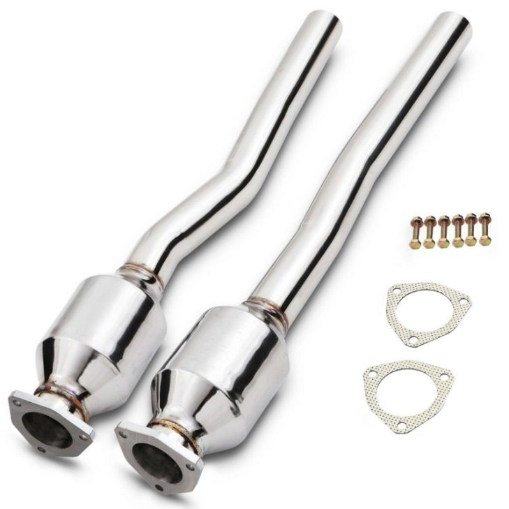 Polished stainless steel cat pipes designed for Audi RS3 8P, featuring two curved pipes, catalytic converters, and included hardware for installation.