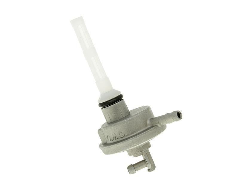Zinc fuel tap for Sym Mio 100 (2005-2016) featuring a cylindrical body, a clear plastic inlet tube, and two connection ports for fuel lines.