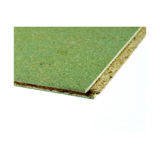 Green tongue and grooved chipboard flooring with a smooth surface and visible layers, measuring 22mm thick, 2400mm long, and 600mm wide, designed for moisture resistance.