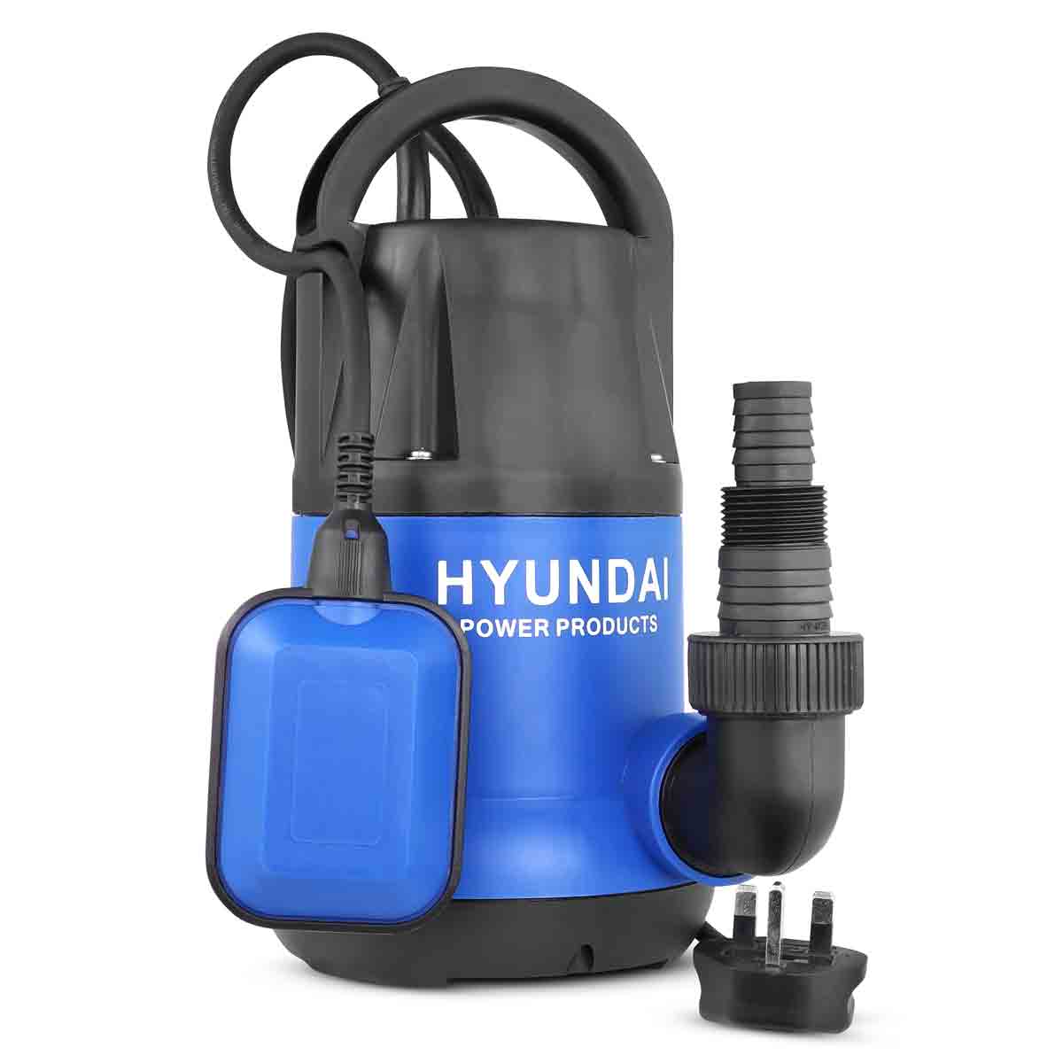Hyundai 250W electric submersible pump in black and blue, featuring a float switch, hose connector, and power plug, designed for clean water applications.