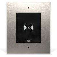 Black 2N access control reader with silver frame and RFID symbol on front.