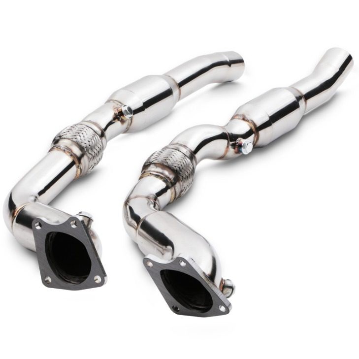 Polished stainless steel downpipes designed for Audi RS6 BI-Turbo Saloon/Avant/Quattro, featuring smooth curves and flex sections for enhanced performance.