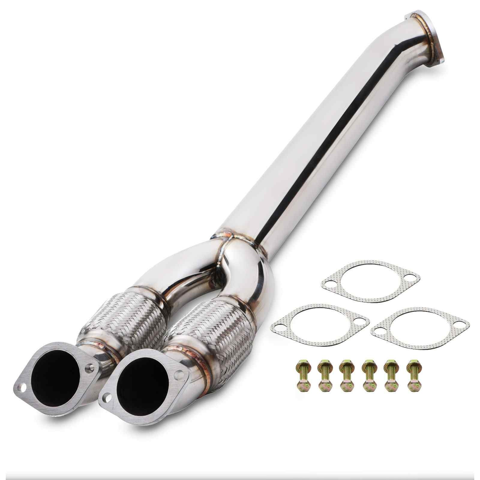 Shiny stainless steel 3.5" exhaust decat Y pipe for Nissan GTR R35 (2008-2016) with two flared ends, flexible sections, and included gaskets and bolts.