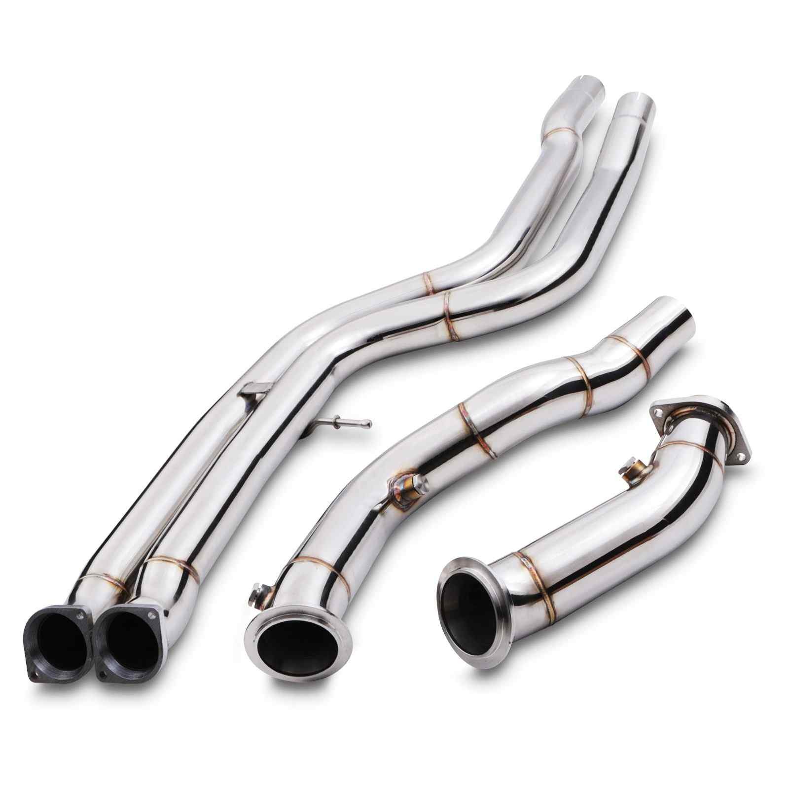 Polished stainless steel exhaust downpipes with smooth curves and flared ends, designed for BMW 3 and 4 Series F80 F82 M3 M4 models, featuring a sleek, high-performance look.