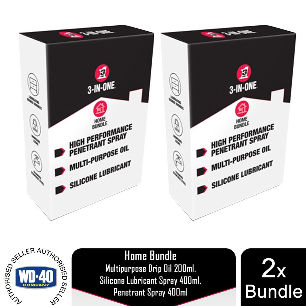 3-in-ONE Home Bundle featuring two spray bottles: a 200ml multipurpose drip oil and two 400ml sprays labeled as penetrant and silicone lubricant, all in a sleek black and white box.