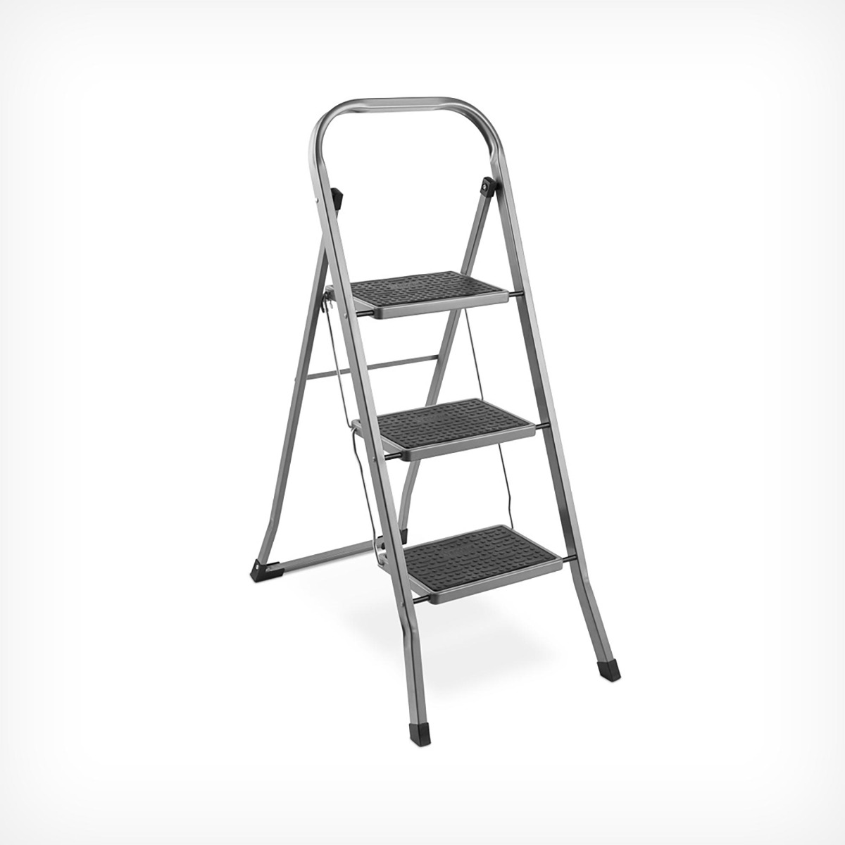 Three-step steel ladder by VonHaus featuring a sleek silver finish, textured black steps for grip, and a sturdy design for safety and stability.