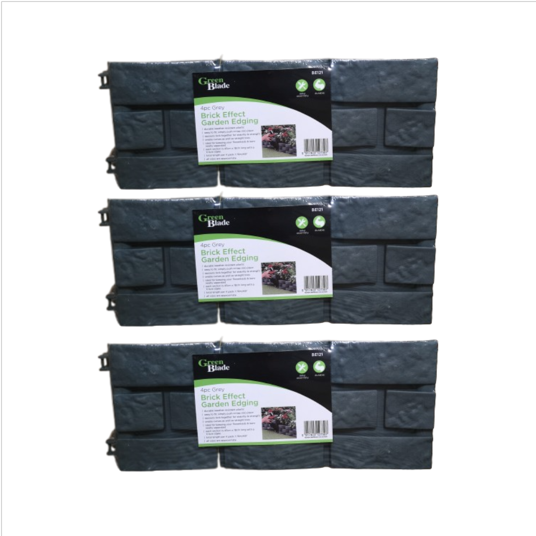 Four pieces of grey brick effect garden edging boards, each measuring 3 x 17cm, featuring a textured surface resembling bricks, stacked together for display.