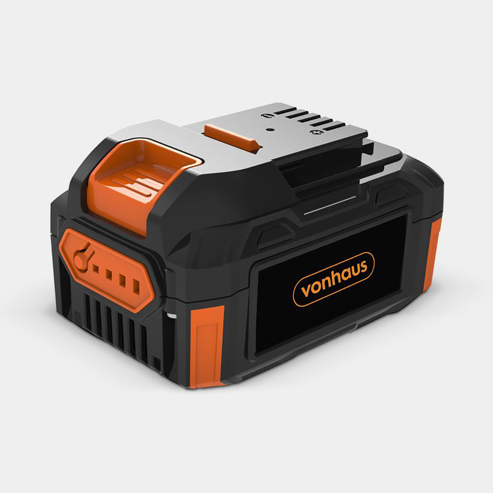 Black and orange 40V 4Ah Li-ion spare battery by VonHaus, featuring a textured grip, vented sides, and a secure connector slot for easy attachment.