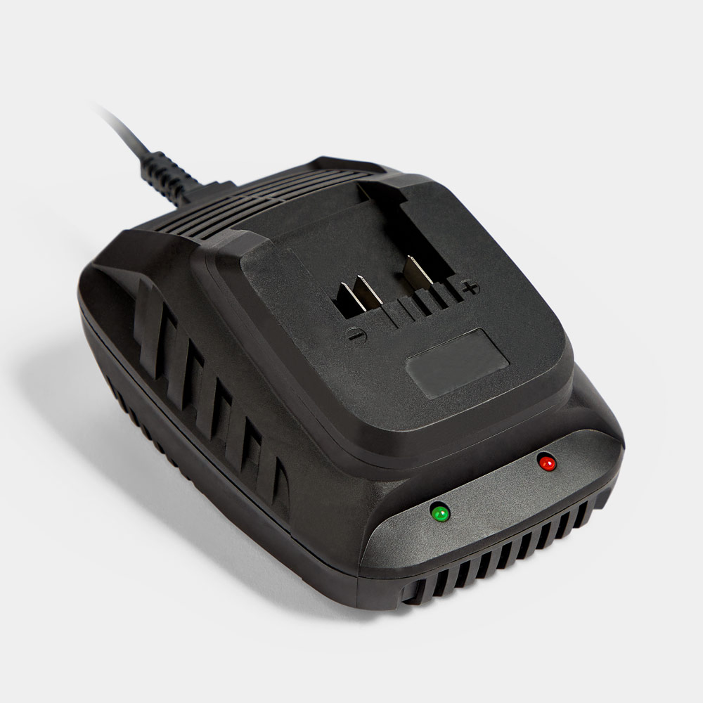 Black 40V Range Spare Charger by VonHaus featuring two charging slots, a power cord, and red/green indicator lights on the front.