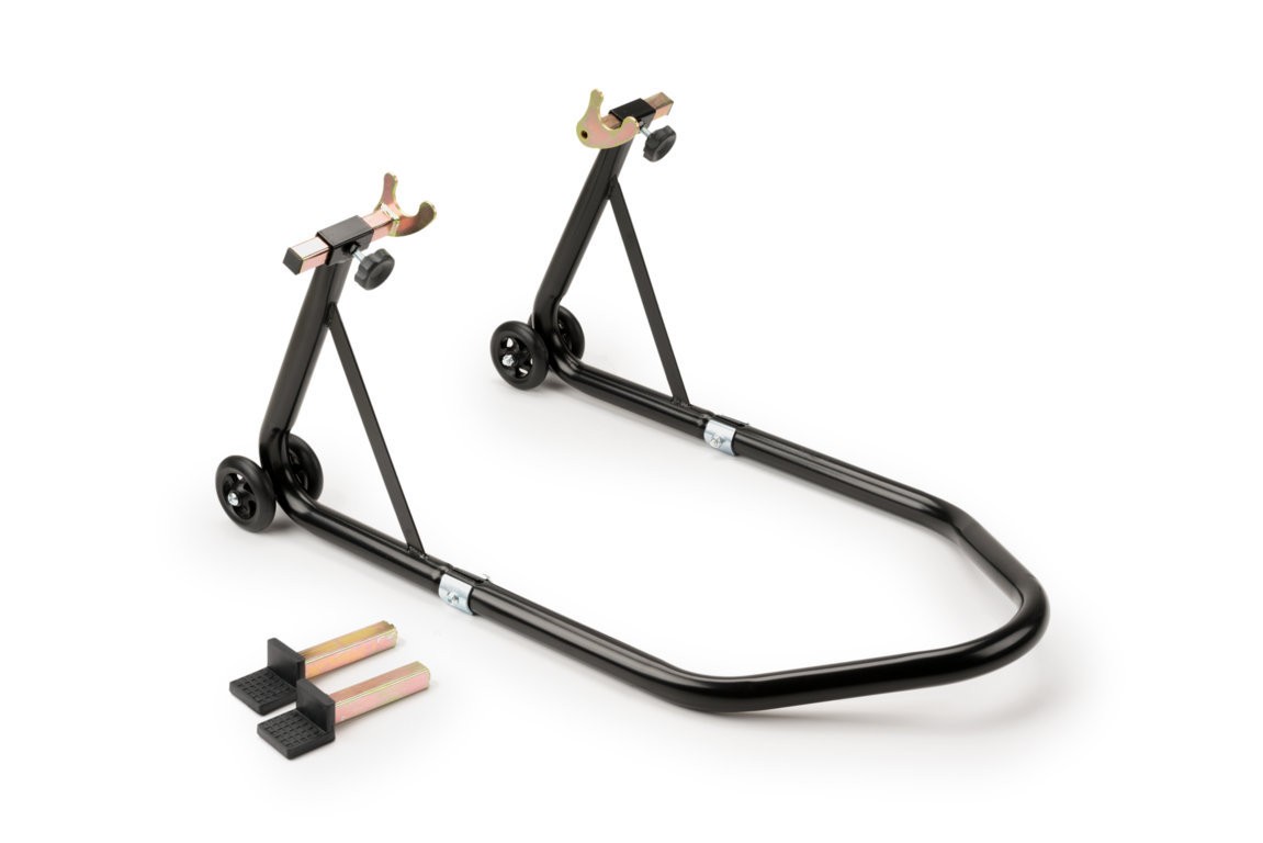 Black Puig rear paddock stand with two wheels, adjustable supports, and rubberized feet, designed for KTM 1050 Adventure models from 2015-2016.