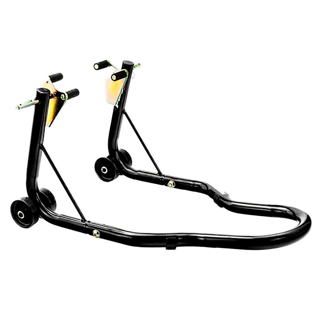 Black Puig Front Paddock Stand designed for KTM 1050 Adventure (2015-2016), featuring sturdy metal construction, dual wheels for mobility, and adjustable support arms for stability.