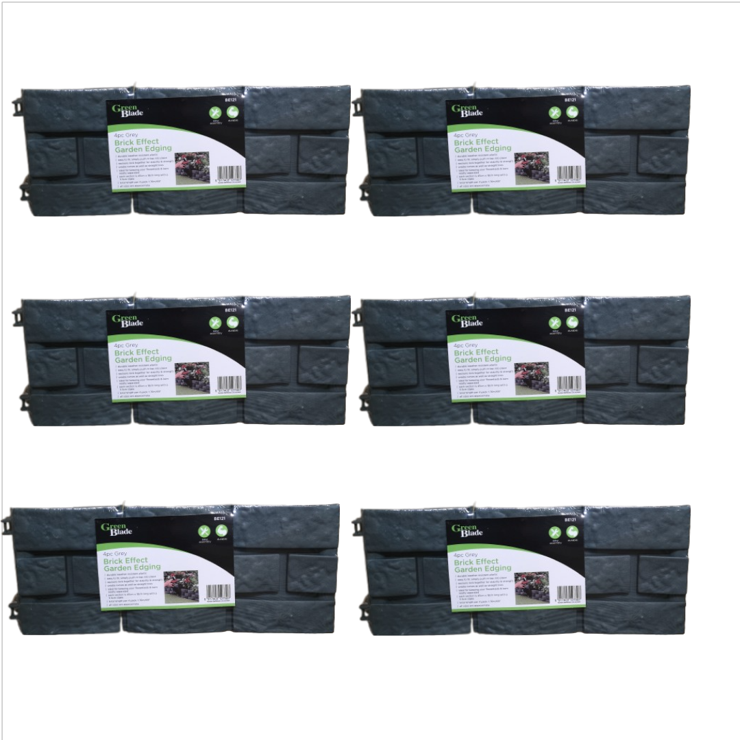 Four grey brick effect garden edging boards, each measuring 6 x 17 cm, displayed in a stacked arrangement with labels visible on each piece.