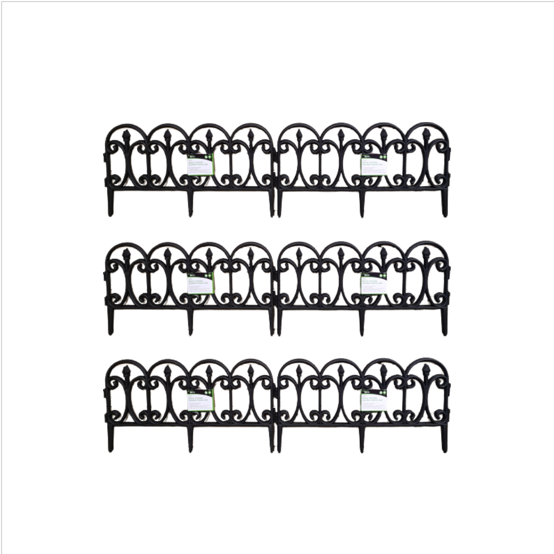 Black ornate garden border fence edging set, featuring four 23cm sections with decorative curves and sturdy construction, ideal for landscaping and garden decoration.