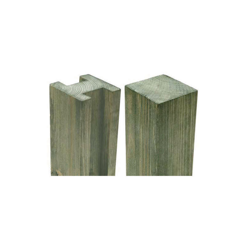 Forest Reeded Slotted Pressure Treated Fence Post, measuring 7'11" x 3.7" x 3.7", featuring a textured green wood finish with slotted edges for easy panel installation.