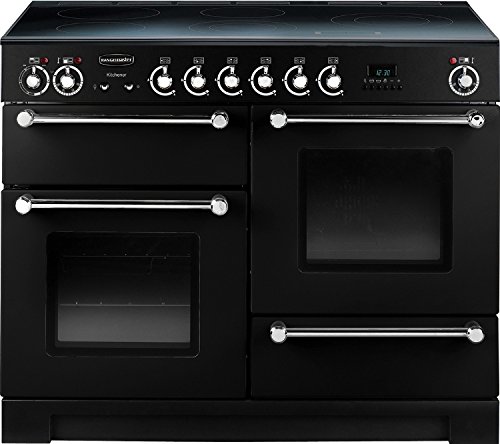 Black Rangemaster KCH110ECBLC Kitchener 110cm electric range cooker featuring five control knobs, two ovens, and a sleek glass top with four cooking zones.