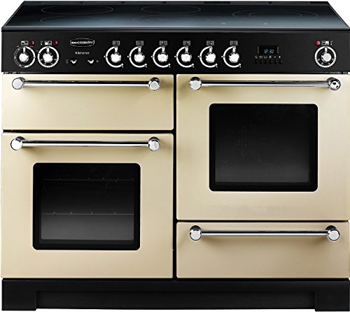Cream ceramic range cooker with chrome trim, featuring four burners, two ovens with glass doors, and control knobs on the front for temperature adjustment.