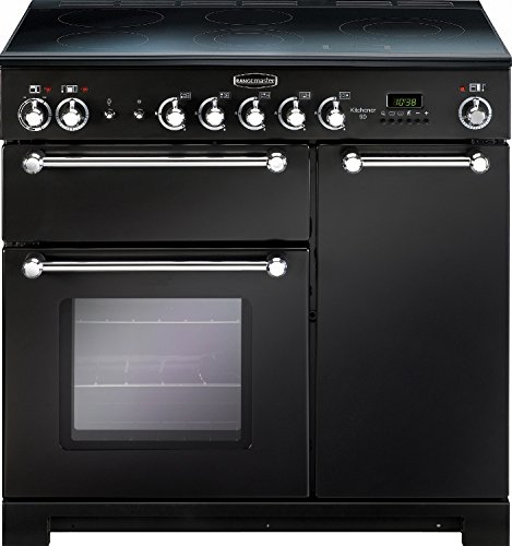 Black Rangemaster KCH90ECBLC Kitchener 90cm electric range cooker featuring four control knobs, two ovens, and a sleek ceramic hob with a digital display.