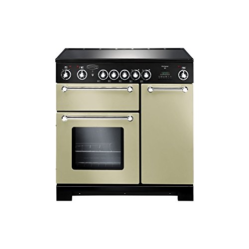 90cm cream ceramic range cooker with chrome trim, featuring two ovens, a black hob with control knobs, and a sleek, modern design.