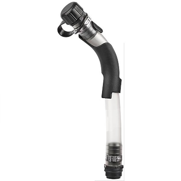 Curved fill hose for utility can, featuring a black rubber grip, transparent flexible tube, and a secure cap with a loop for easy handling.