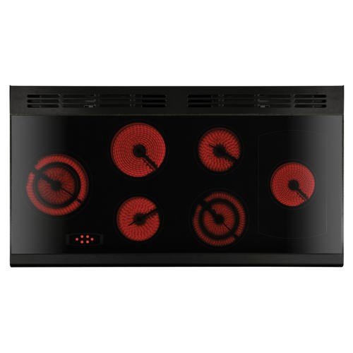 Black ceramic range cooker with stainless steel and chrome trim, featuring six red heating zones and a sleek, modern design.