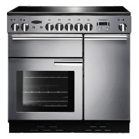 Stainless steel Rangemaster PROP90ECSSC Professional Plus 90cm electric range cooker featuring multiple control knobs, a large oven window, and a sleek design.