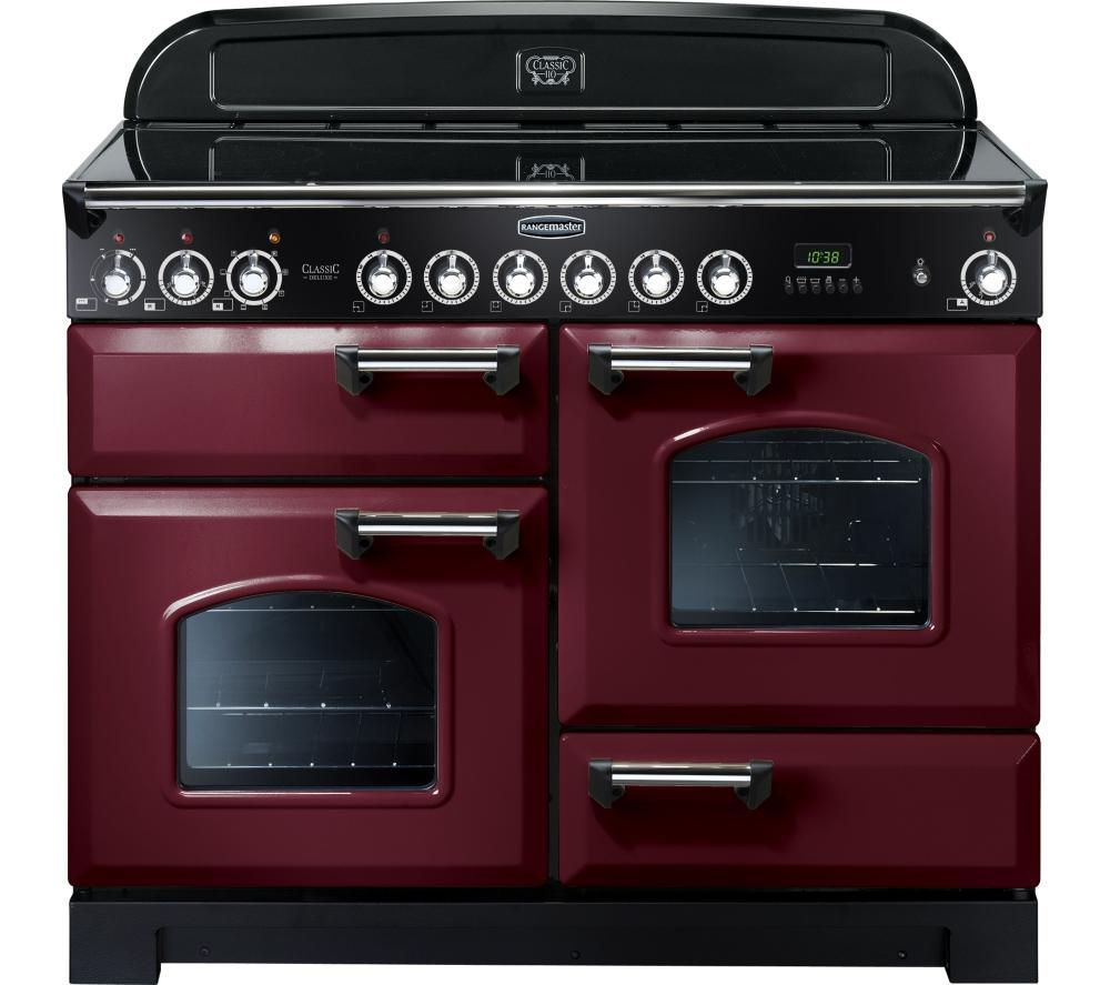 Classic 110cm ceramic range cooker in cranberry with chrome trim, featuring two ovens, a sleek black glass top, and multiple control knobs for precise cooking.