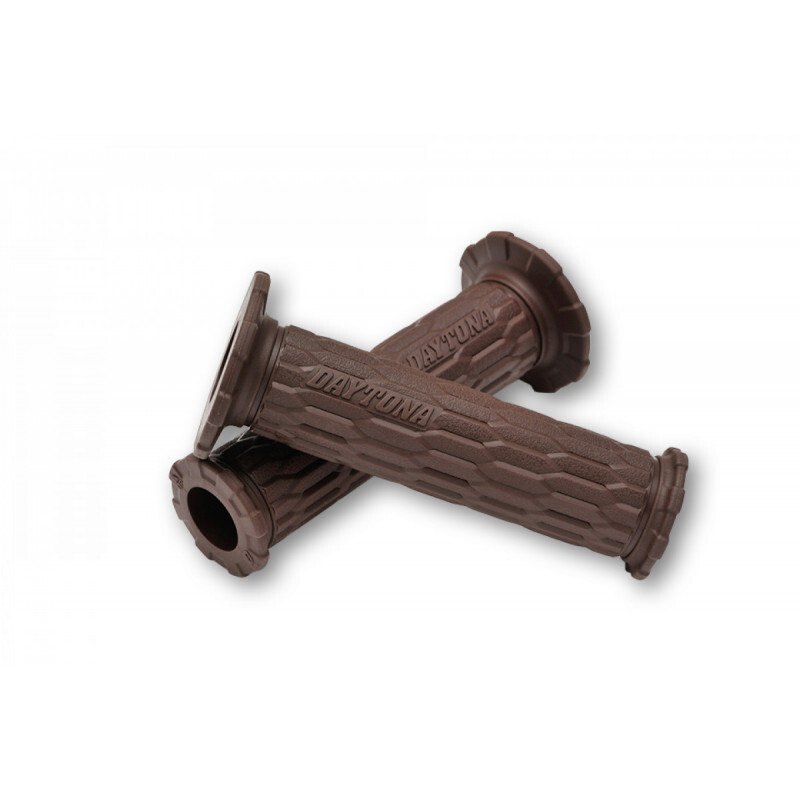 Brown rubber motorcycle grips with a textured hexagonal pattern, featuring flanged ends for secure installation, branded with "Daytona" on the side.