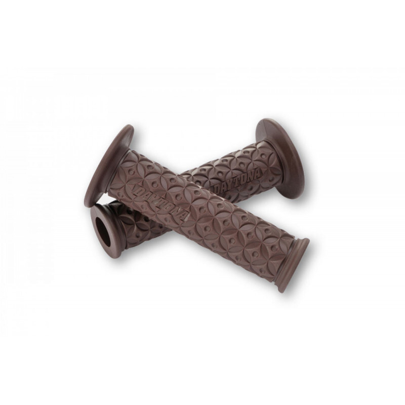 Brown rubber motorcycle grips featuring a textured, diamond-patterned surface with "Daytona" embossed, designed for enhanced grip and comfort.