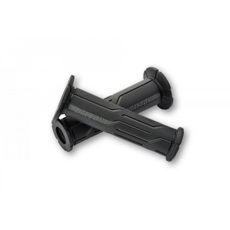 Grey rubber motorcycle grips featuring a textured surface and ergonomic design, branded with "DAYTONA" for enhanced grip and comfort.