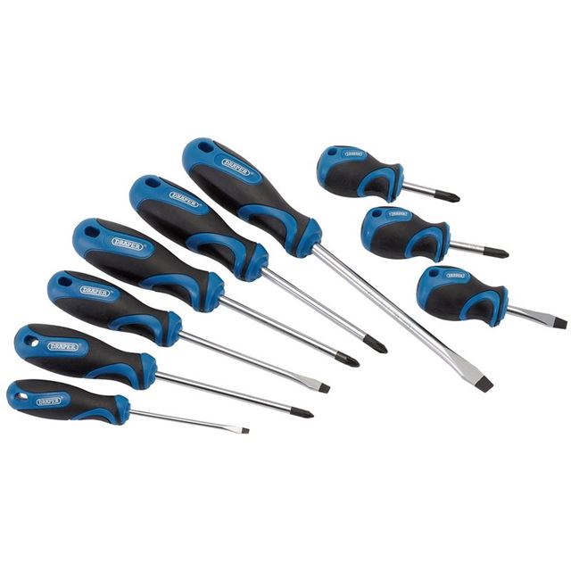 Nine-piece Draper Soft Grip Screwdriver Set featuring black and blue handles, with various sizes and types including flat and Phillips head screwdrivers, all with chrome-plated steel shafts.
