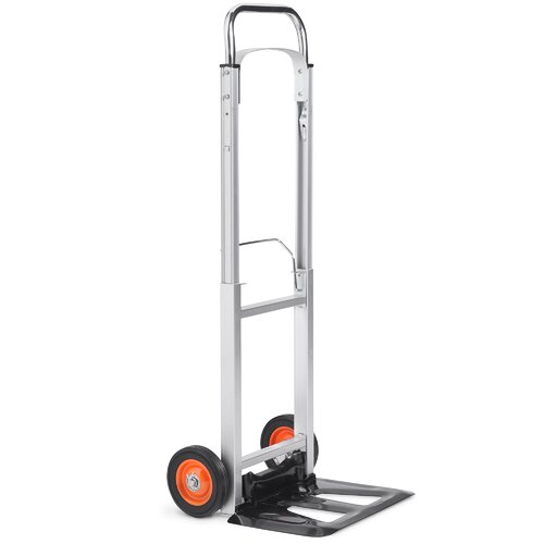 Silver folding sack truck with a sturdy aluminum frame, black rubber base, and orange wheels, designed to carry up to 90kg.