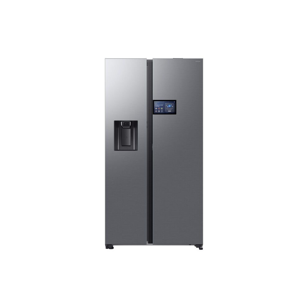 Sleek silver Samsung Bespoke AI Side-by-Side Refrigerator with a 621L capacity, featuring a touch control panel and a water dispenser on the left door.