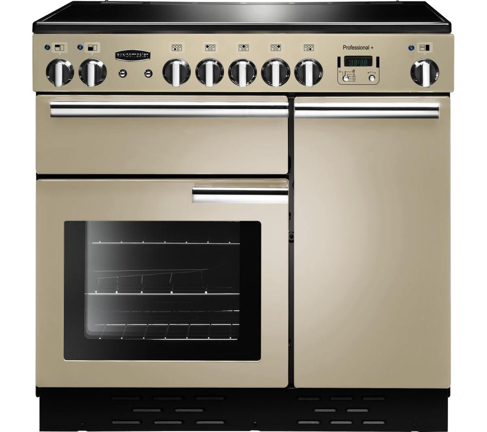 Cream ceramic range cooker with chrome trim, featuring six control knobs, a digital display, and a large oven with a glass door, designed for professional cooking.